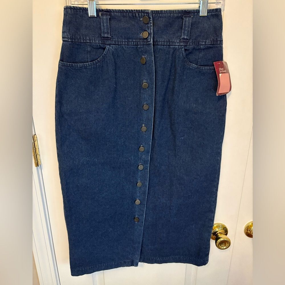 Vintage 70s Denim Button Front Skirt | High Waisted Midi Jean Skirt | Misses Spo